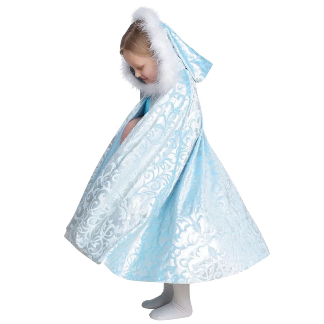 Fairy Finery - Child wearing blue Royal Frost Velvet Cape with boa trimming on hood- Bella Luna Toys